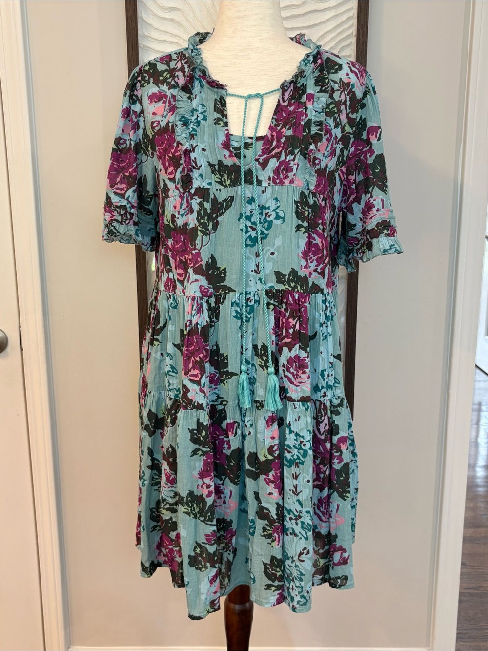 Sundance Teal Floral Tiered Dress & Slip Size Medium